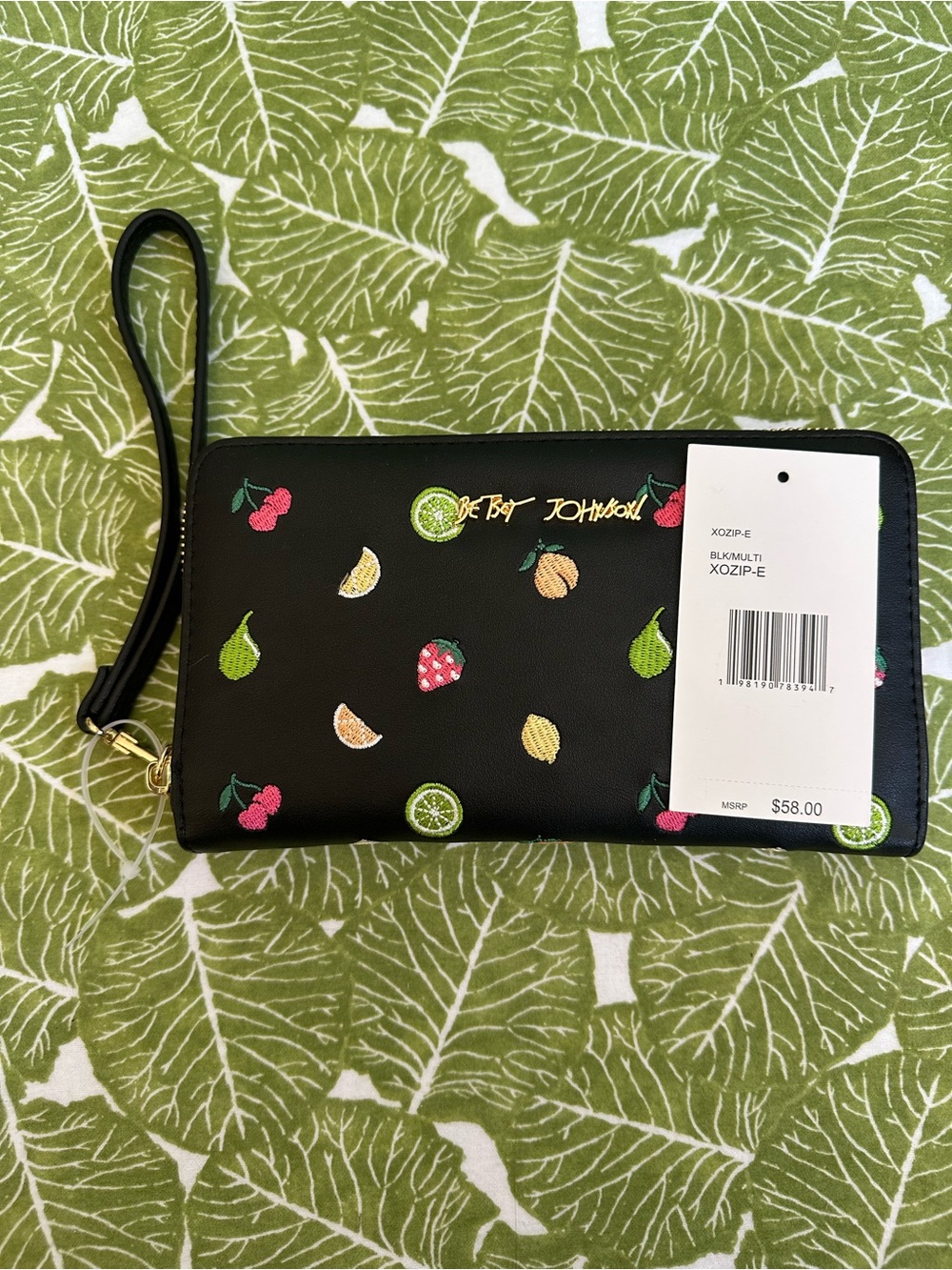 Betsey Johnson Black Wristlet Wallet with Colorful Fruit Embroidery
